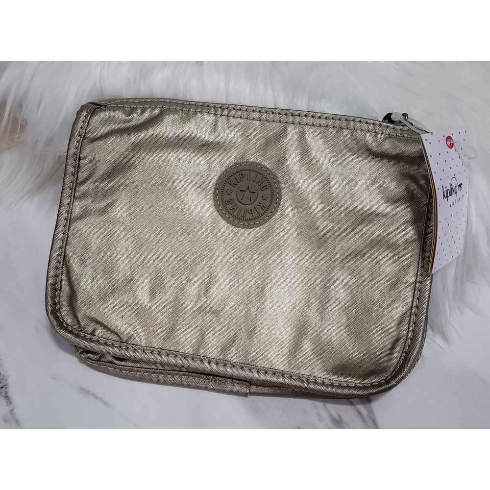 NEW Kipling Harrie makeup pouch metallic Stone beige tuape gold AC8257